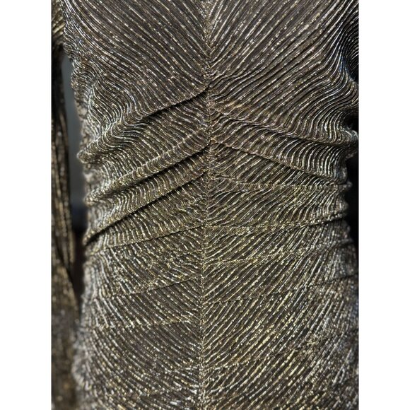 NEW STEVE MADDEN S Gold Green Metallic Ribbed Ruched Dress Long Sleeves V-Neck - Picture 10 of 12